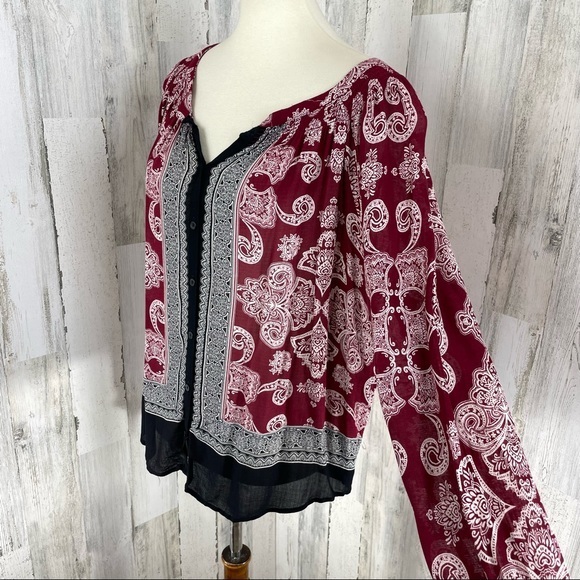 Lucky Brand Women’s Red Black Paisley Print Button Down Long Sleeve Blouse Top M - Picture 1 of 9